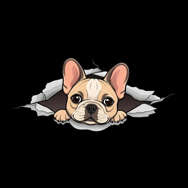 Chiot bouledogue français chiot qui regarde trou en papier déchiré