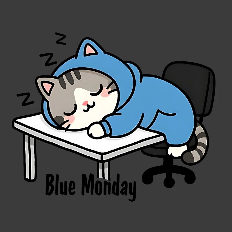 Sleeping cat at work, blue monday