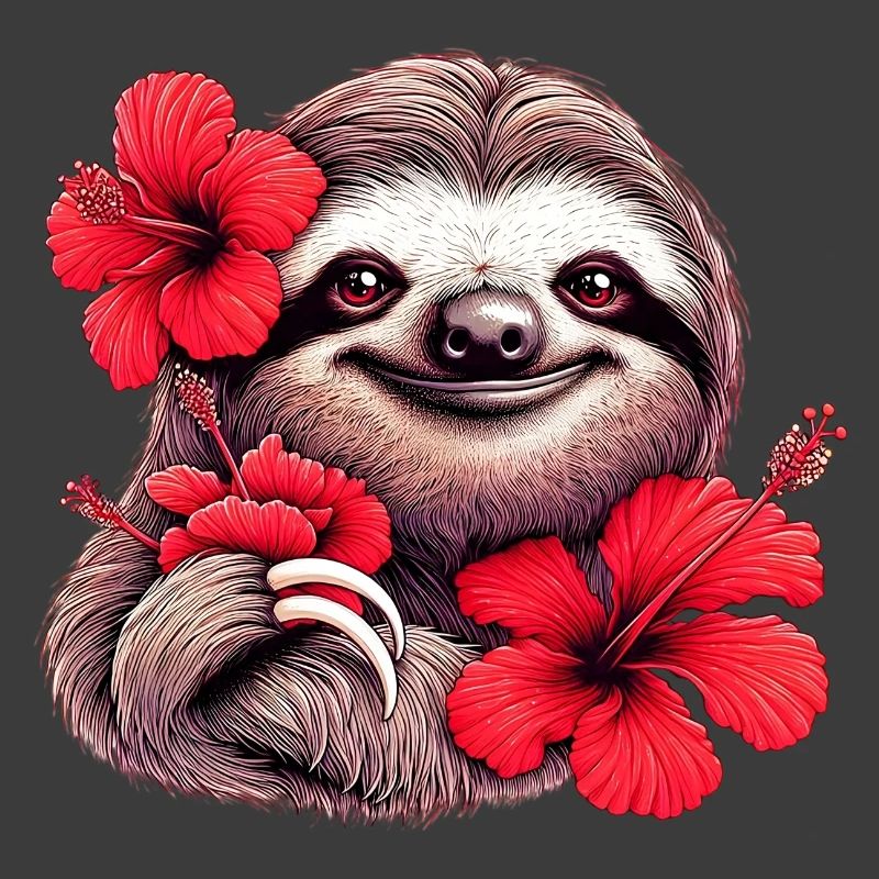Faultier mit Hibiskusblüten