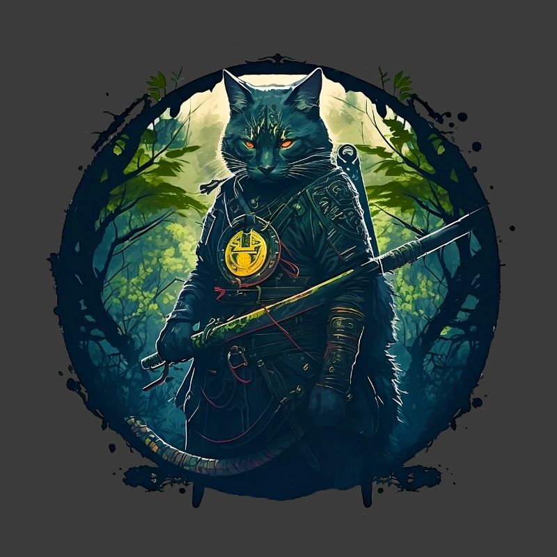 Chat comme samouraï dans la forêt