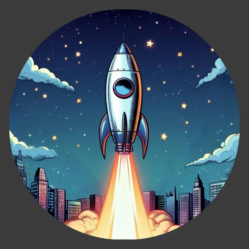 Lancement d’une fusée dans l’espace devant le ciel nocturne dans un style comique