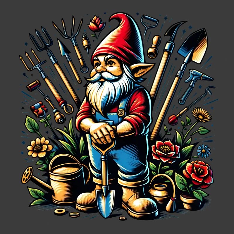 Bunter,lebendiger Gartenzwerg umgeben von Werkzeug