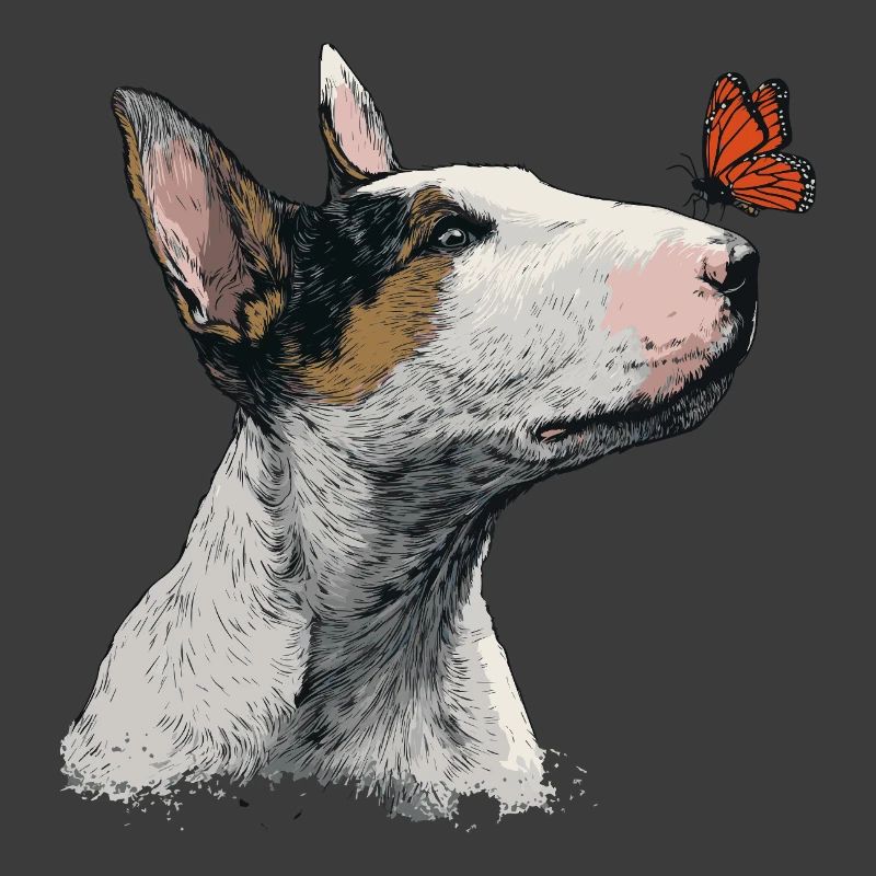 Neugieriger Bullterrier mit Schmetterling