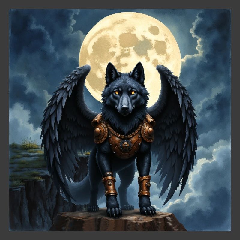 Winged wolf under full moon