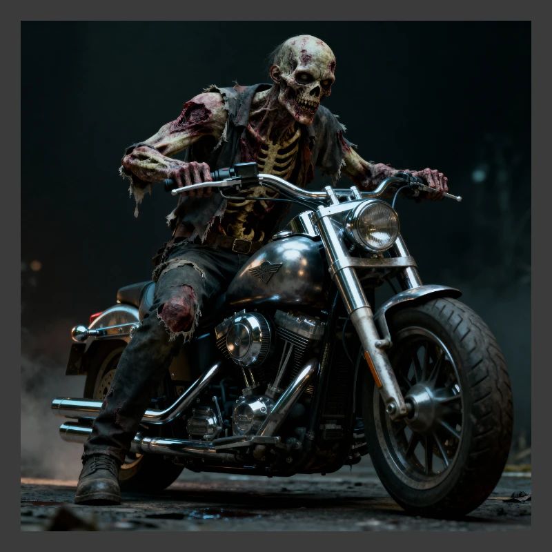 Zombie biker on motorcycle in pit light