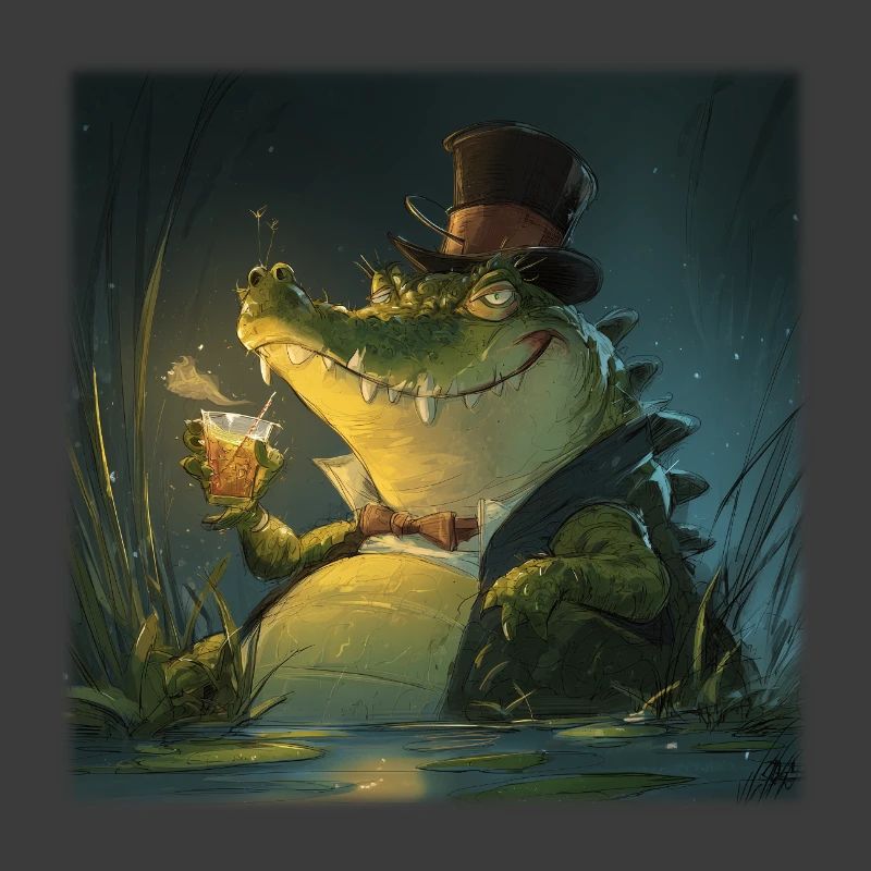 Elegant swamp crocodile with drink & top hat