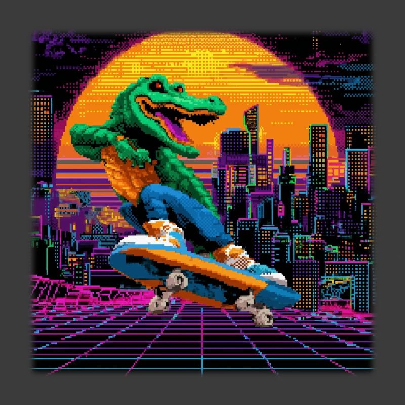 Skating Pixel Crocodile in Retro 80s Synthwave