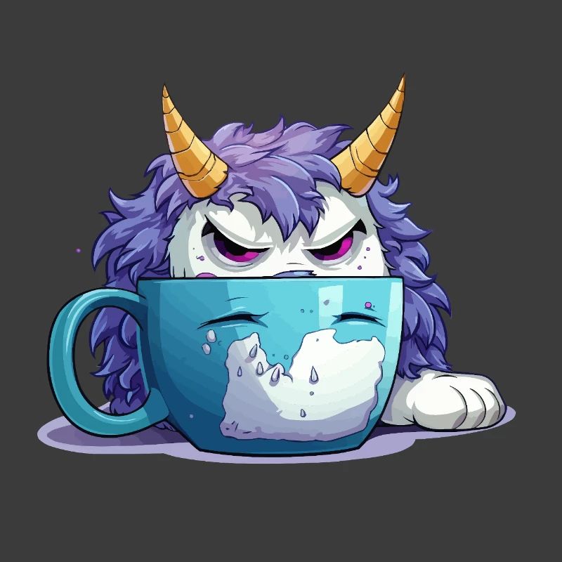 Grumpy monster in a coffee mug