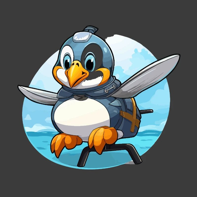 Flying penguin with backpack
