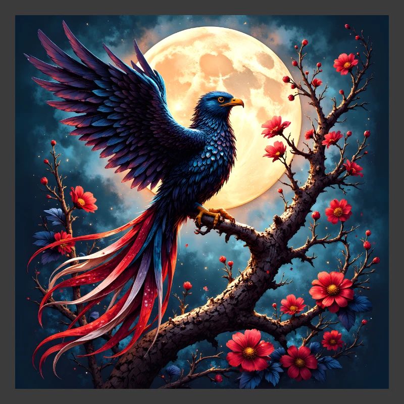Blue Phoenix Under Full Moon