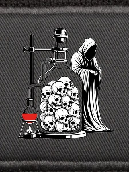 Totenkopf-Alchemie-Labor mit Sensenmann-Gotik-Kunst