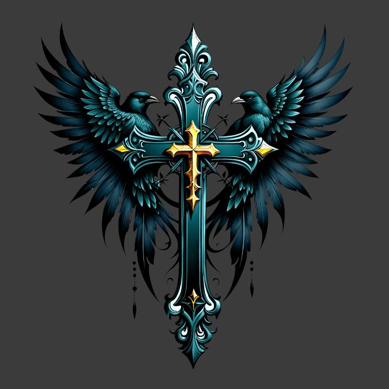 Gothic cross with decorative elements and birds.