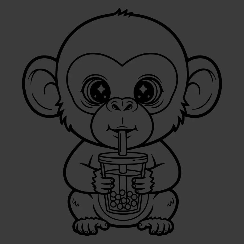 Cute Monkey with Bubble Tea Line Art Design
