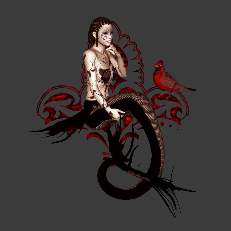 Wunderbare dunkle Meerjungfrau, die in einem Baum sitzt