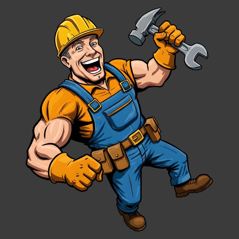 Cheerful cartoon construction worker with tools
