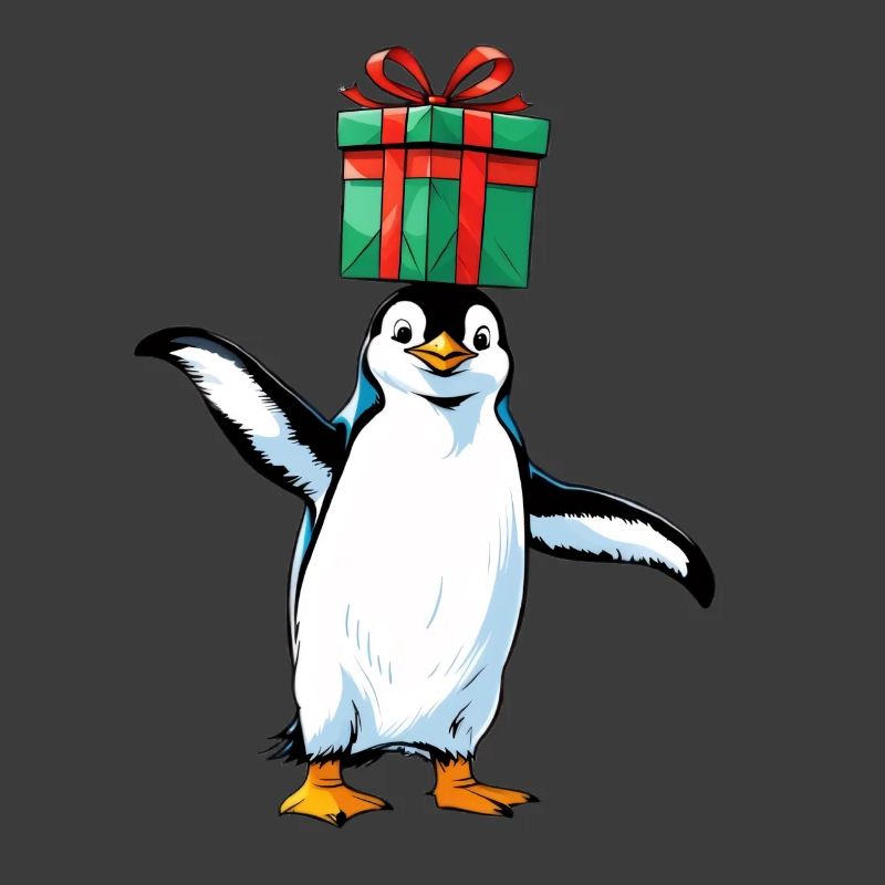 Pinguin mit Geschenk auf Kopf