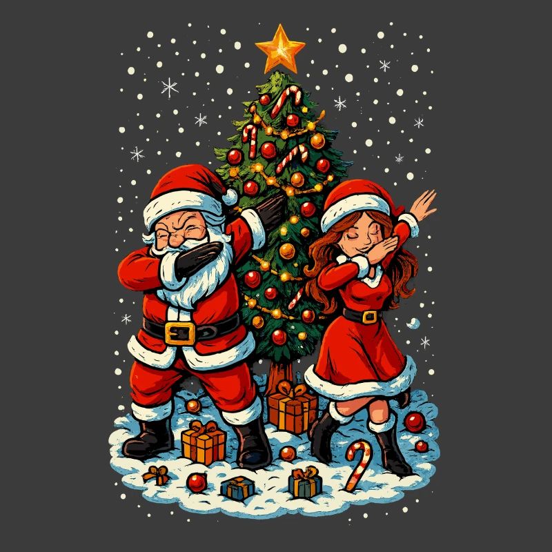Dabbing Père Noël et Mère Noël devant le sapin de Noël