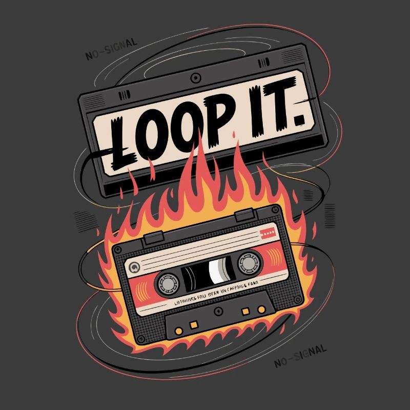 Retro cassette with "Loop It" flame design