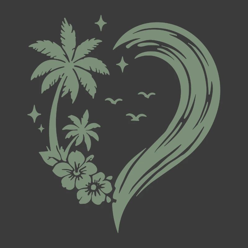 Heart Palm Tree Flowers Ocean Wave