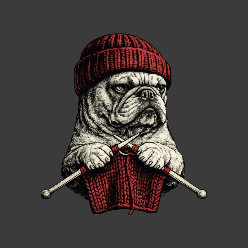 Bulldoggen-Stricker in rotem Strick