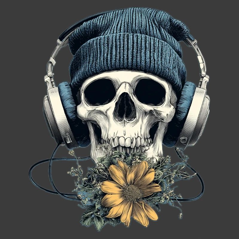 Crâne avec casque et fleurs