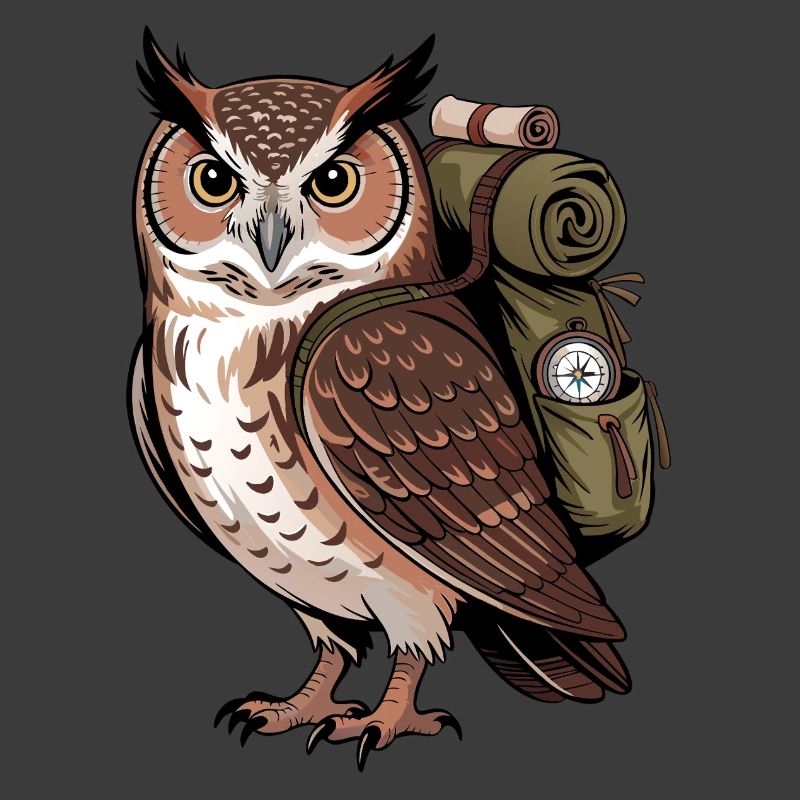 Wandernde Eule mit Rucksack
