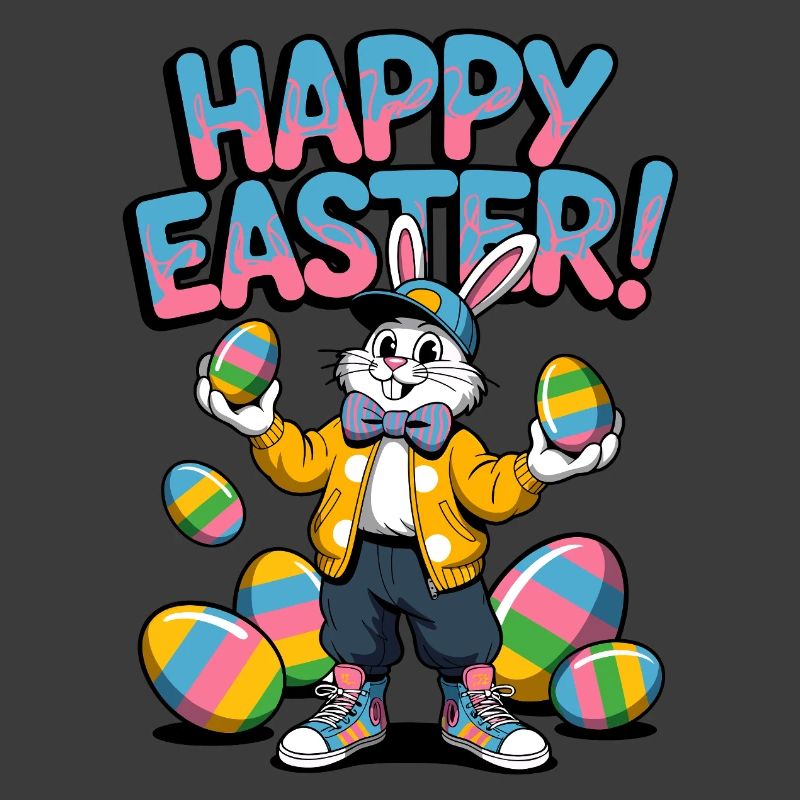 Happy Easter bunny with colorful eggs