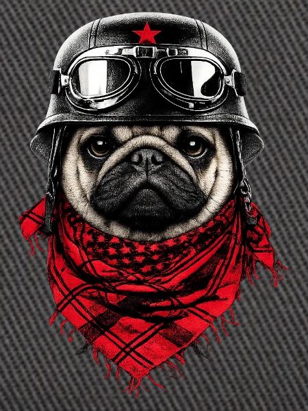 Kämpferischer Mops im Pilotenlook