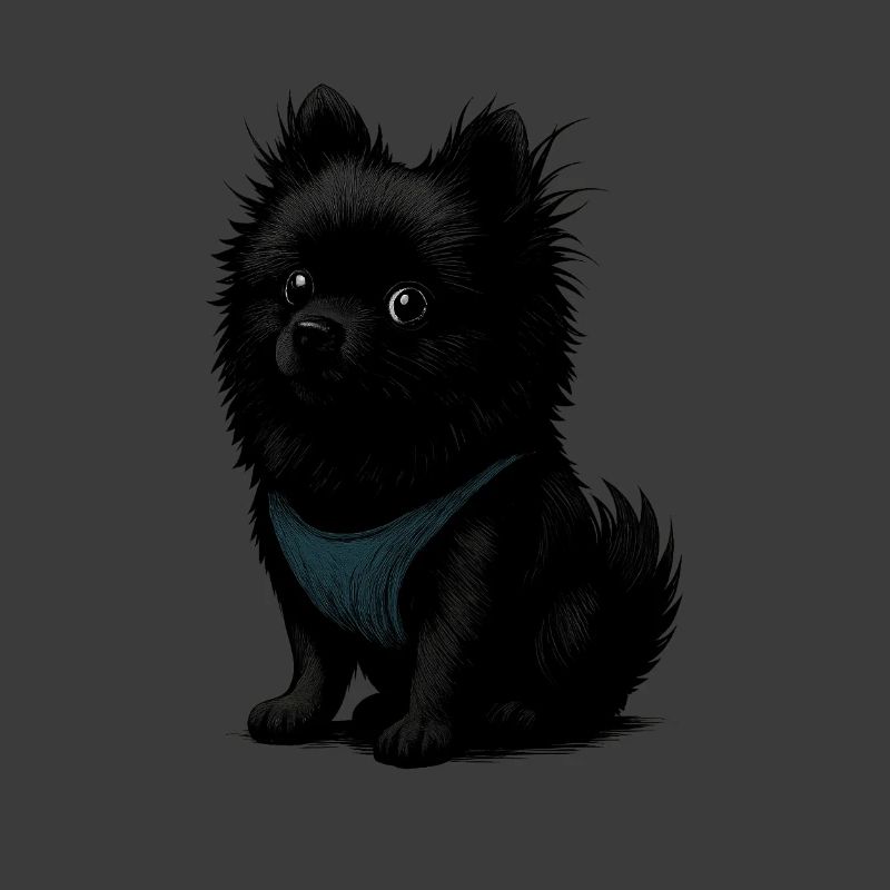 Schwarzer Spitz Hund mit blauer Weste