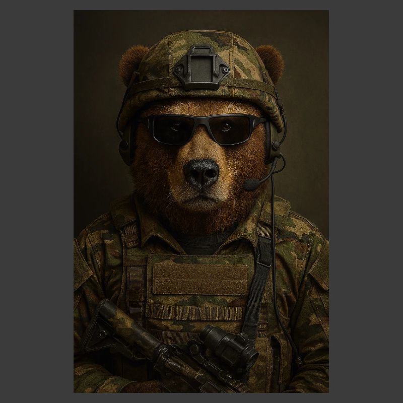 Kampfbereiter Bär im Tarnanzug