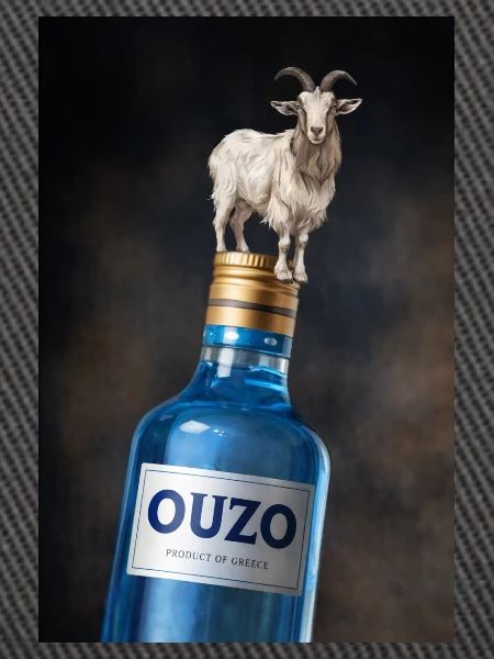 Ziegenakrobat auf Ouzo-Flasche 