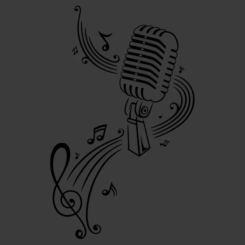 Retro microphone with music notes and clef.