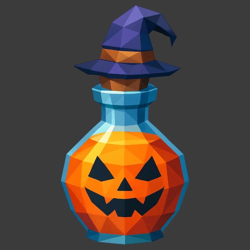 Low-Poly-Kürbis in einem Hexenfläschchen
