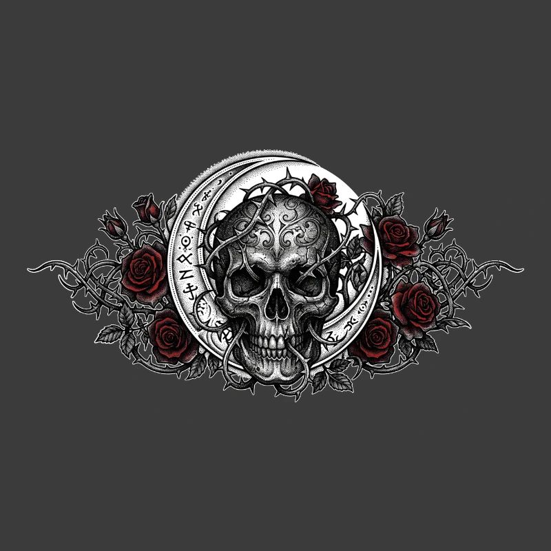 Gothic skull / skull, Moon, Red roses