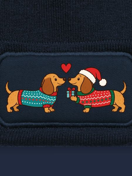 Dackel verliebt in Weihnachtspullovern