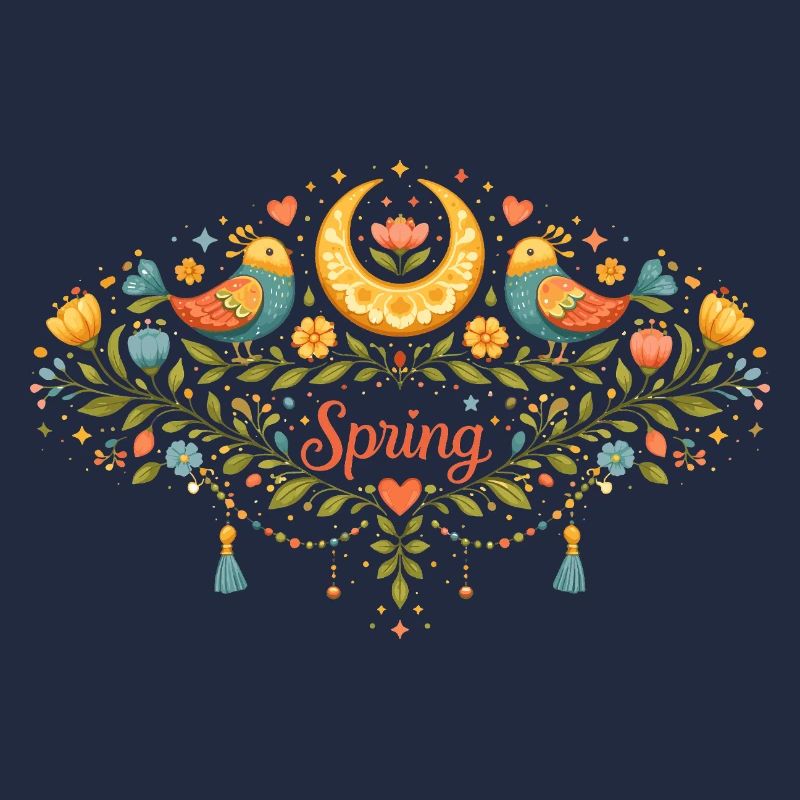 Spring ornament with flowers, birds and moon