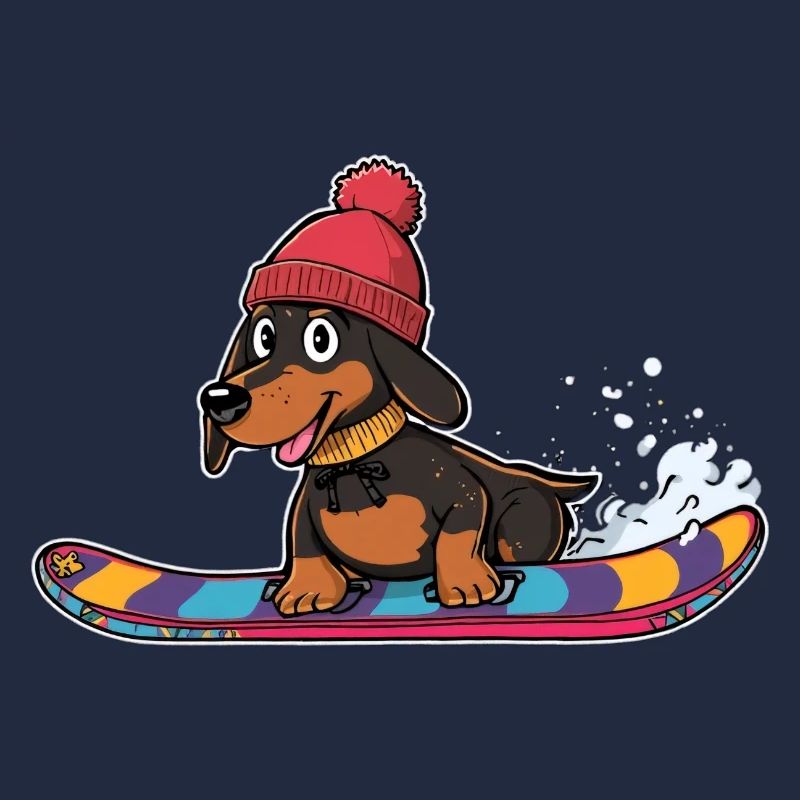 Dackel Snowboard im Winter