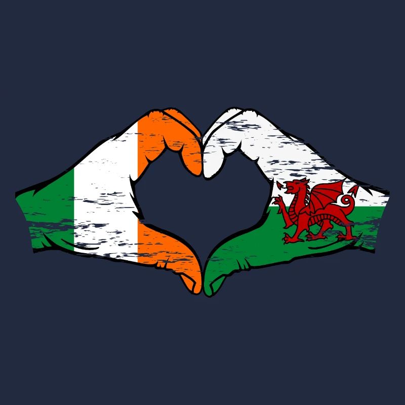 Irlande Pays de Galles Drapeau Mains Coeur Forme Utilisé