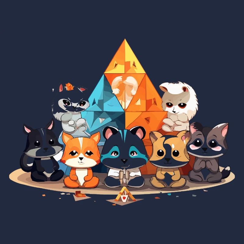 Des chats devant des pyramides de cristal colorées