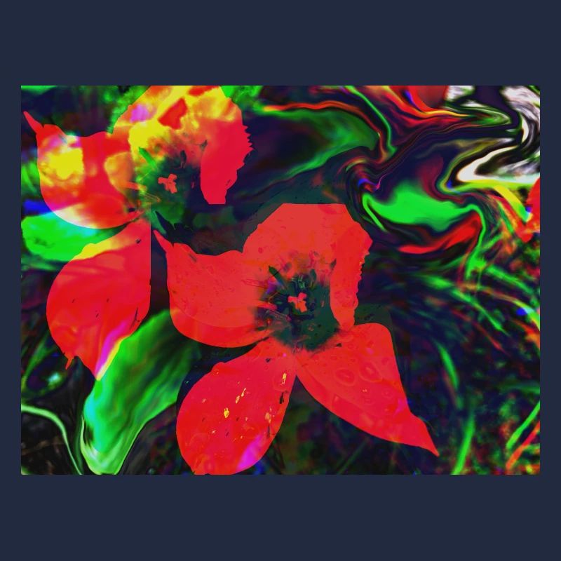 Fleurs rouge fluo dans un tourbillon de couleurs
