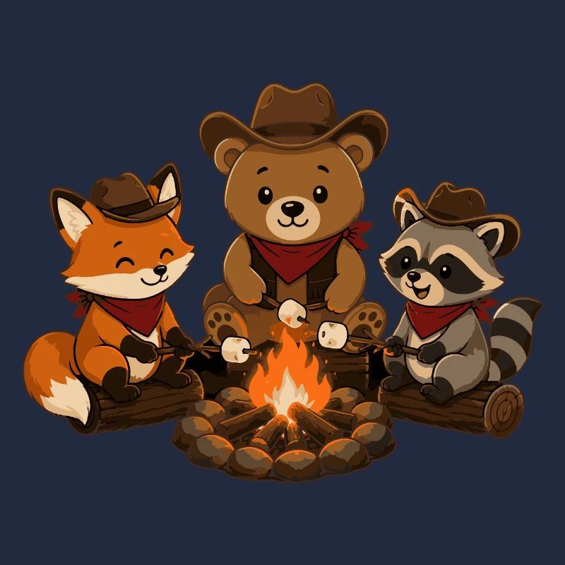 Camping animals around the campfire with marshmallows