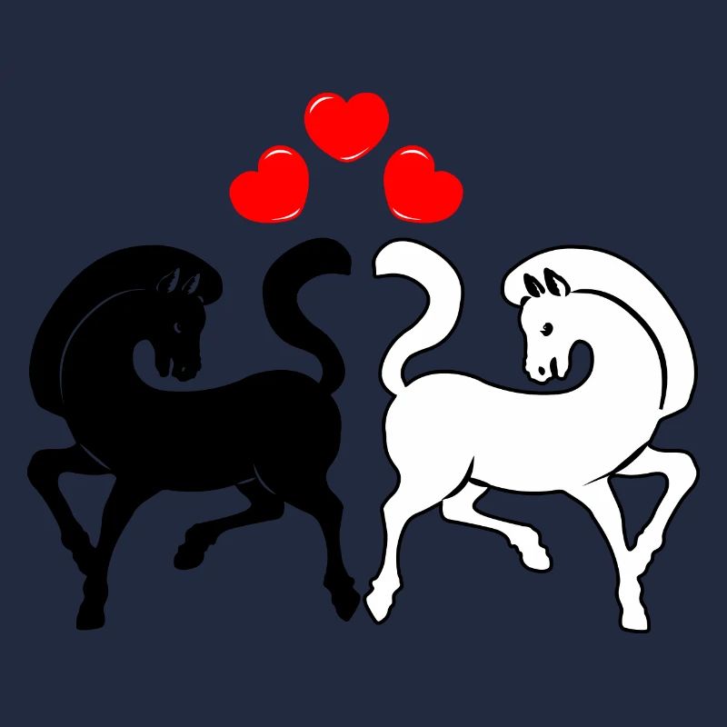 Two horses black and white with three hearts