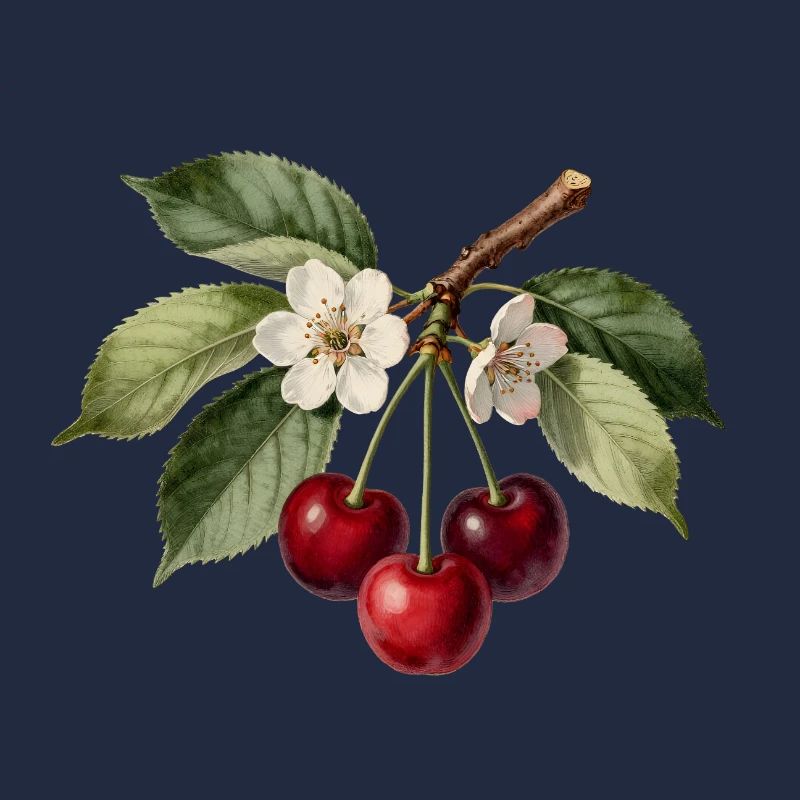 Gravure cerises et fleurs botaniques