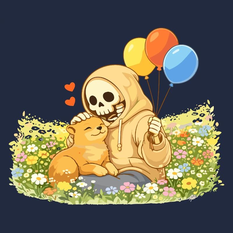 Cozy skeleton with cat on flower meadow