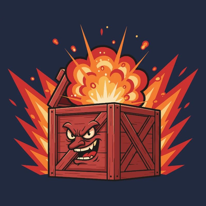 Exploding wooden box with a grim face
