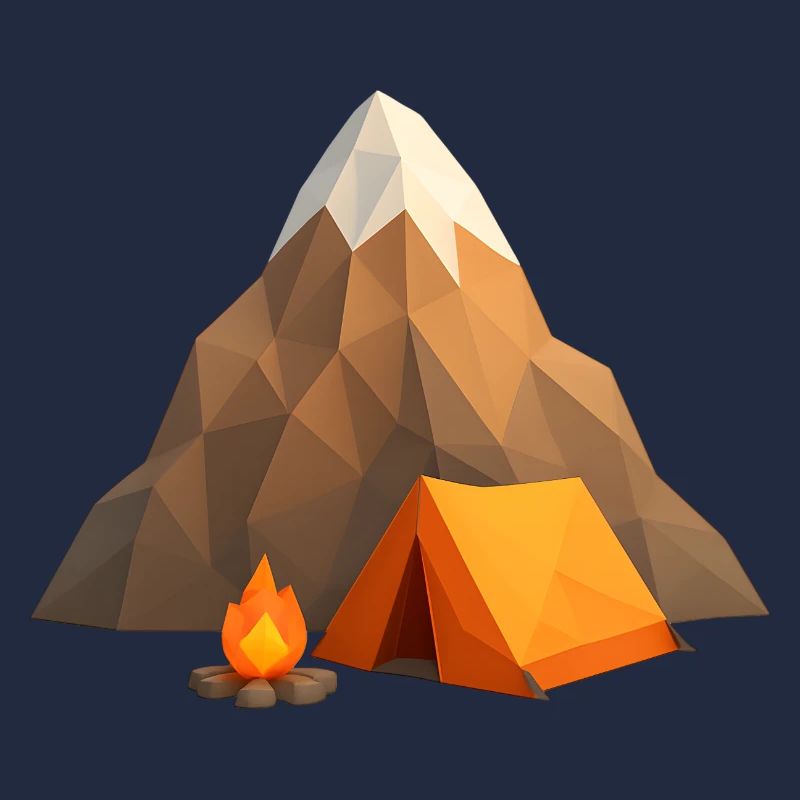 Low-poly mountain camp with tent and fire