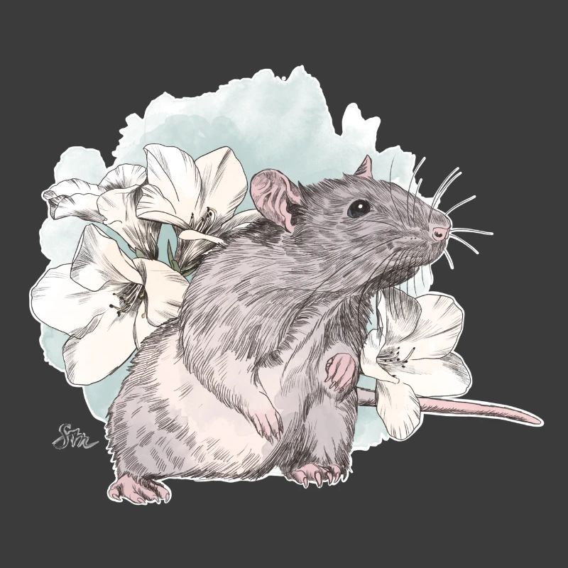 Rat devant de délicates fleurs sur une masse aquarelle