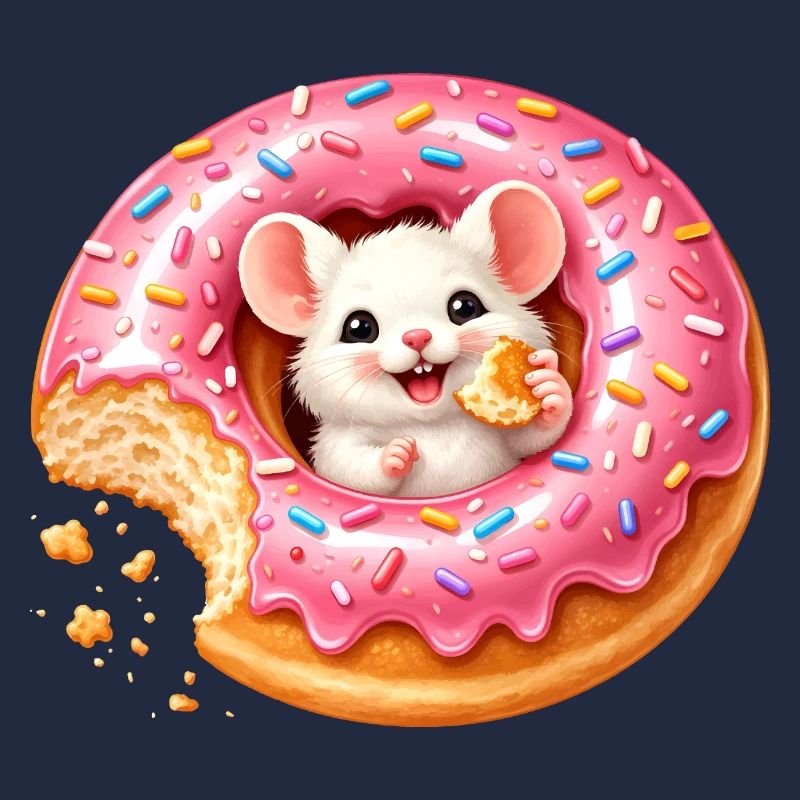 Cute mouse in donut illustration with bite
