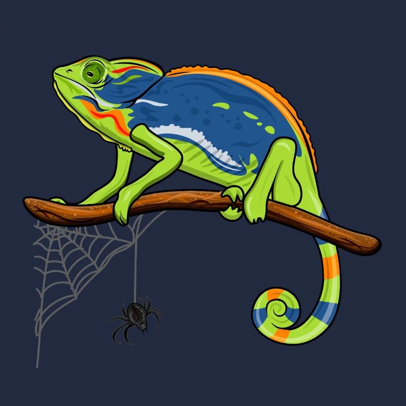 Chameleon On Branch with Spider Web