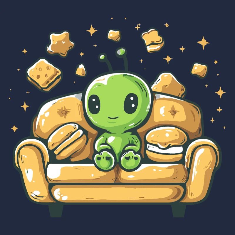 Cuddly alien on sunny sofa